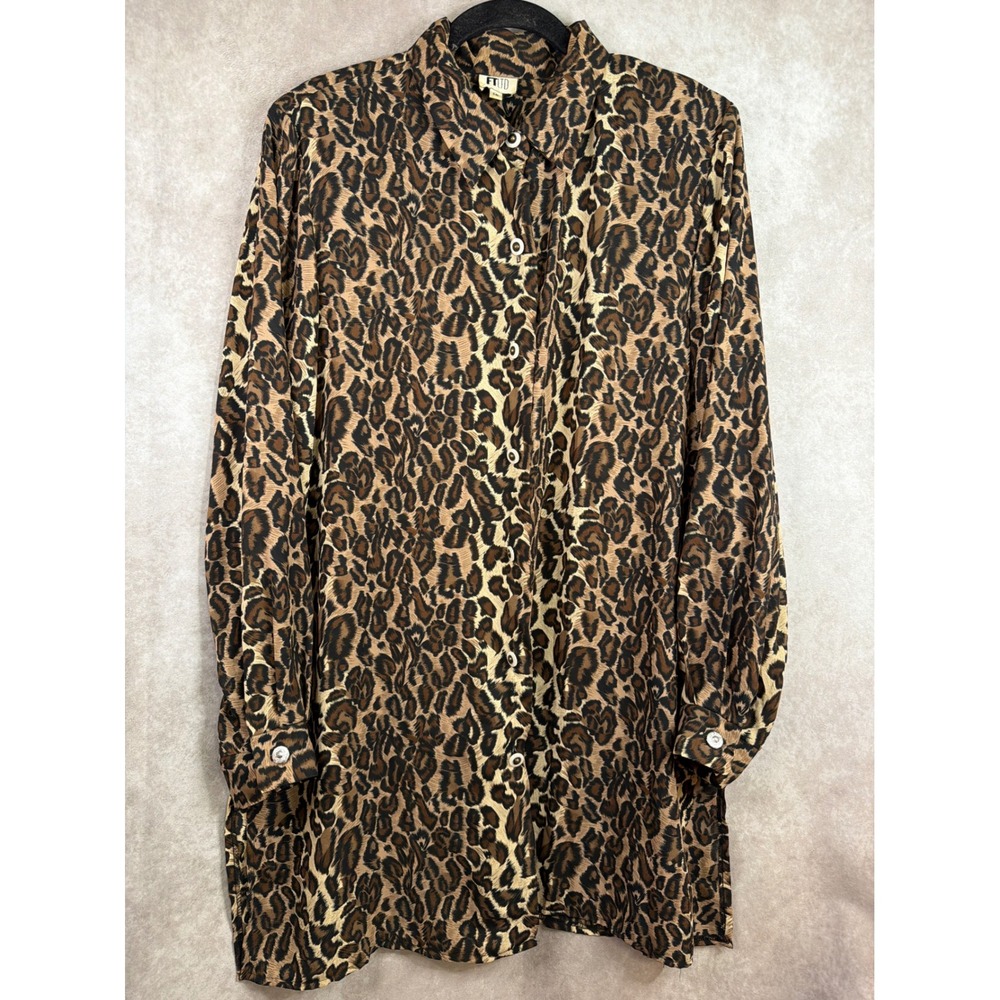 VTG 90s FTLTD Button Down Women 16 Brown Leopard Print Long Sleeve Tunic Blouse